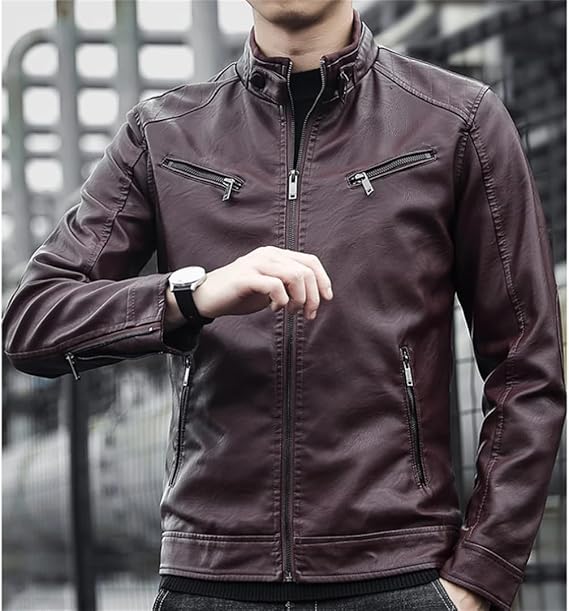 Men Stand Collar Slim PU Leather Jacket Solid Color Anti
